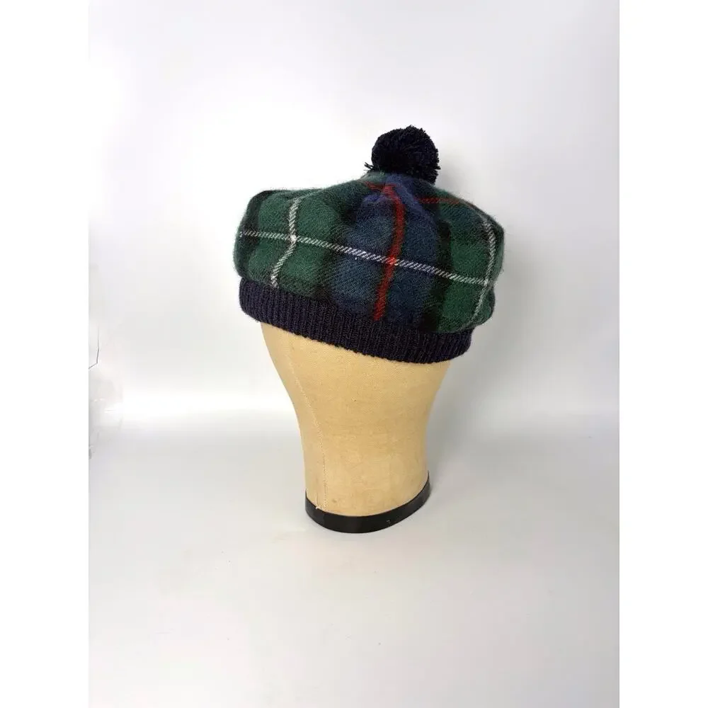 Scottish Lochcarron wool beanie hat Highlander plaid tam pom grn blu red wht NWT